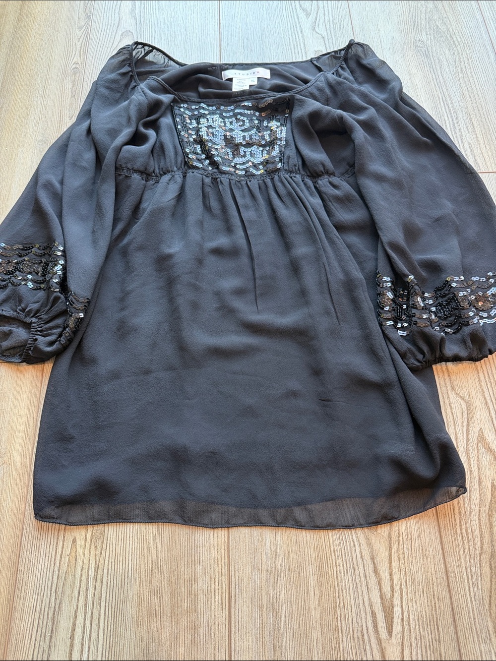 Studio M Black Sequin-Trim Peasant Blouse